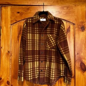 Aritzia Polar Button Up Brown and Yellow Fleece Plaid Shirt